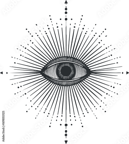 An artistic illustration of a mystical eye radiating energy with intricate lines and patterns. Black on transparent background.