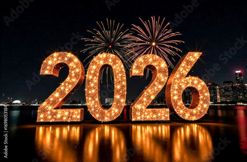 the numbers 2026 on the background of fireworks at night in the city. New Year's Eve celebration. greeting card	