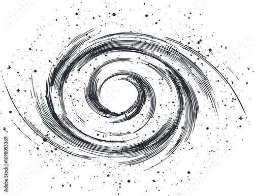 Abstract swirling lines forming a dynamic spiral design with a cosmic theme and star-like elements. Black on transparent background.