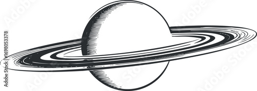 Illustration of Saturn, featuring its iconic rings, in a minimalist black and white design. Black on transparent background.