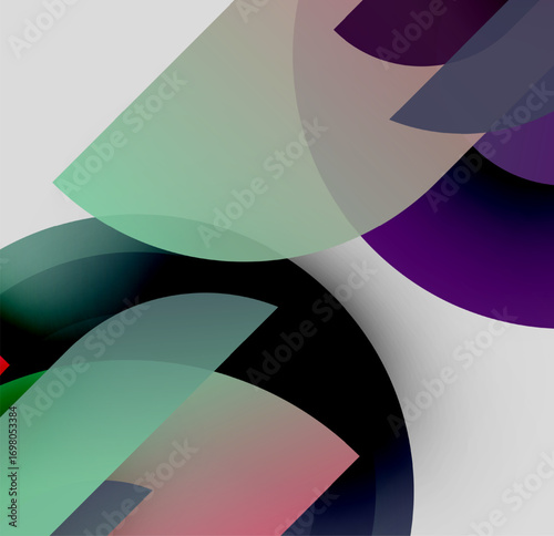 Abstract composition. Overlapping translucent circles create dynamic visual effect. Colors include purple, green, gray, pink. Minimalist design.
