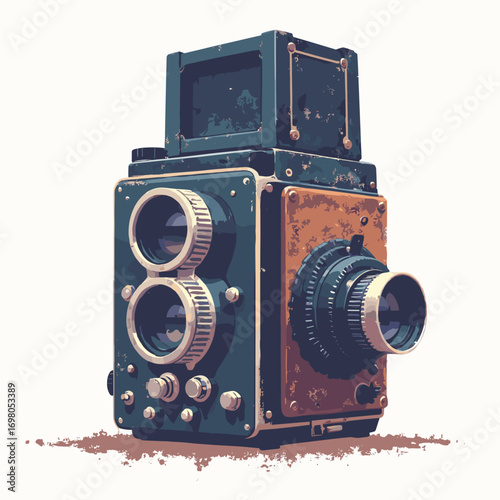 Vintage film camera — twin-lens reflex box, textured leatherette, winding knob and viewfinder hood, white background
