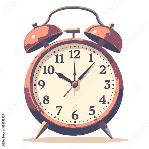 Analog alarm clock — twin-bell profile, winding key and raised numerals, white background