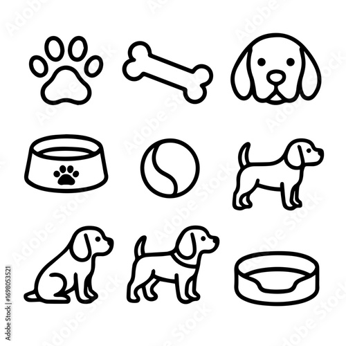 Playful Dog Icons Depicting Paw Prints Bones Bowls and Puppies.