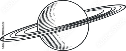 A detailed illustration of Saturn showcasing its iconic rings in a black and white design. Black on transparent background.