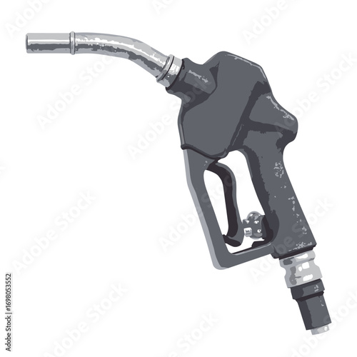 Fuel nozzle — angled spout, trigger lever and hose collar, industrial matte finish, white background