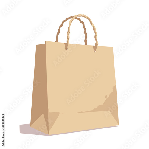 Shopping bag (handle) — kraft paper texture, twisted handles and folded gusset, white background