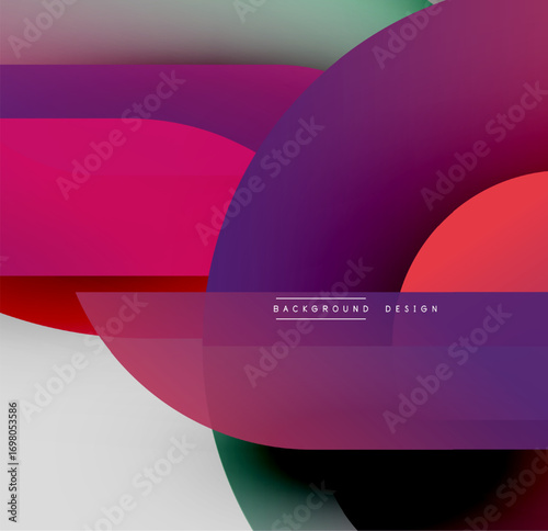 Abstract colorful shapes overlap, creating dynamic visual effect. Gradient hues blend smoothly, forming modern background design.