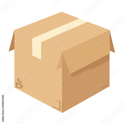 Cardboard shipping box — taped seam, corner creases and subtle corrugation edge, white background