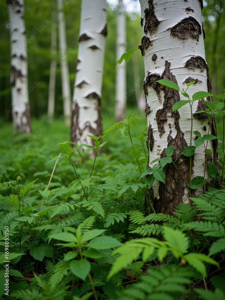 Obraz premium Exploring the tranquil birch forest nature photography lush green environment close-up perspective