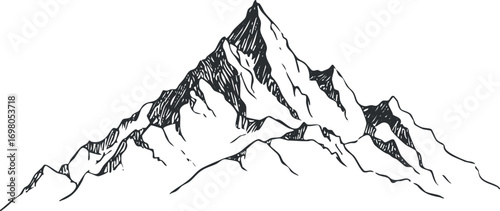 Black and white illustration of a majestic mountain range with rugged peaks and slopes. Black on transparent background.