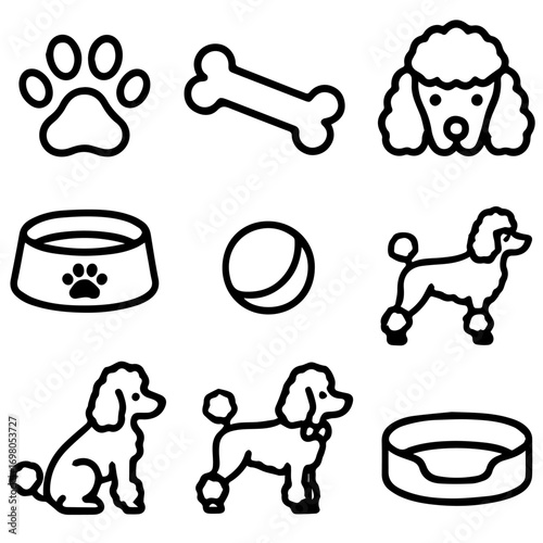 Poodle Breed Icons Paw Print Bone Bowl Ball and Poodle Silhouettes.