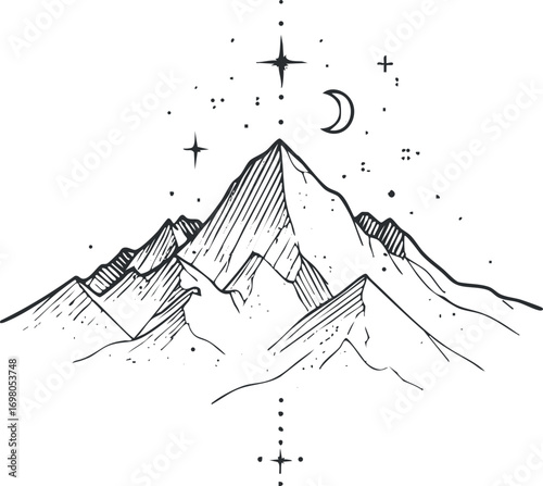 Hand-drawn illustration of a mountain range with stars and a crescent moon in the sky. Black on transparent background.