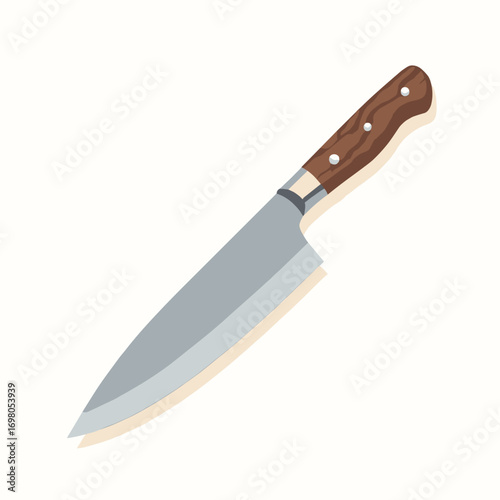 Chef's knife — forged carbon steel blade, tapered tip, walnut handle with rivets, white background