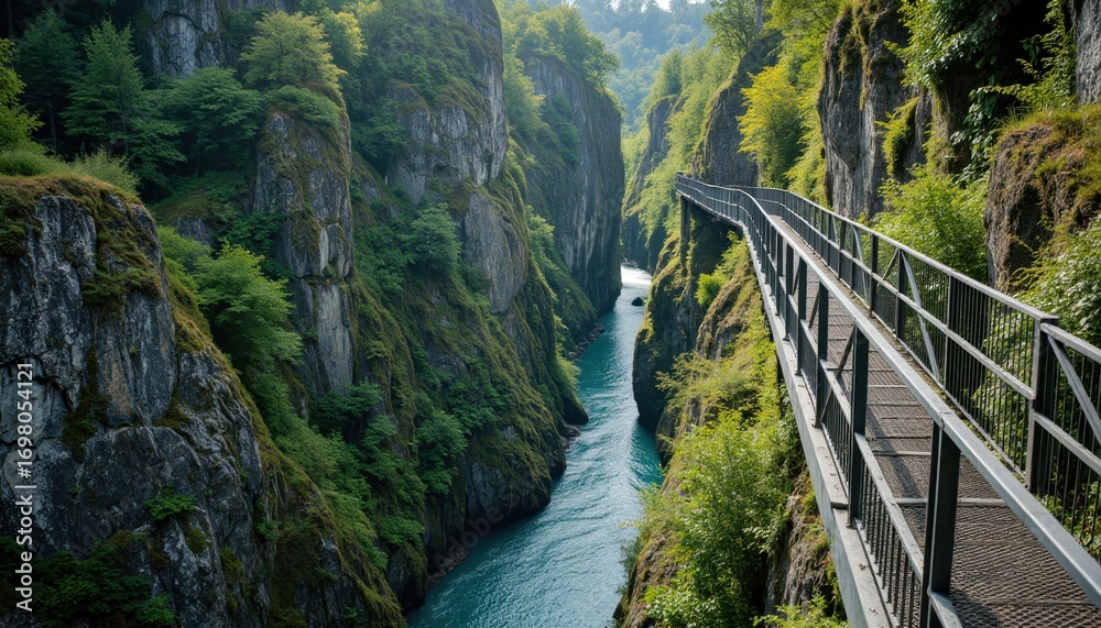 Obraz premium Exploring the scenic gorge nature trail mountainous region serene landscape elevated view adventure awaits