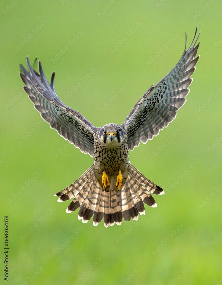 Fototapeta premium Falco columbarius (esmerejón) en pleno vuelo, alas extendidas, mostrando el detalle del plumaje y su silueta aerodinámica. Fondo completamente verde chroma key uniforme, sin sombras