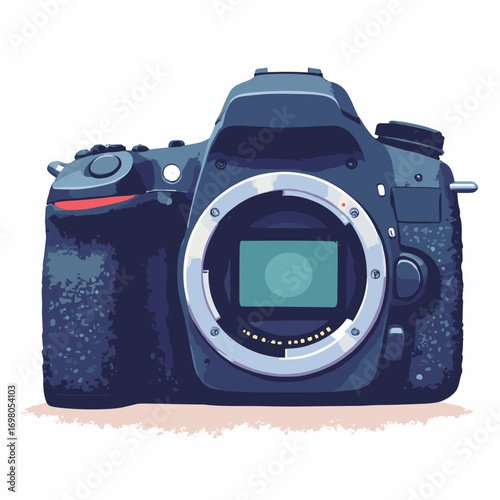 DSLR camera body — textured grip, lens mount exposed, shutter button and mode dial visible, white background