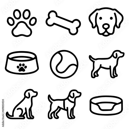 Simple Black Line Art Collection of Dogs Bones and Accessories.