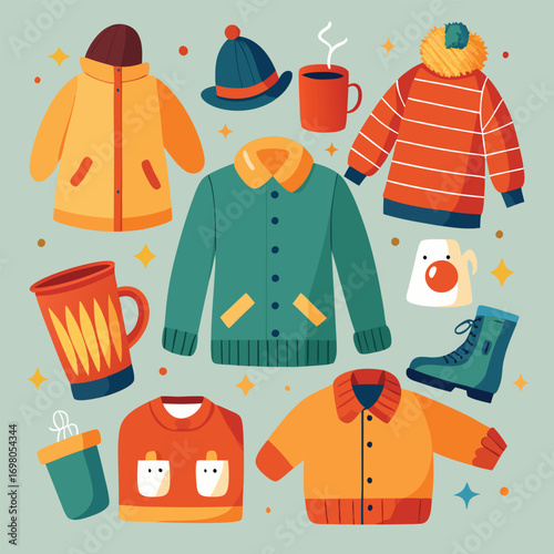 Winter clothing and hot drinks illustration with jackets, sweaters, hats, and mugs.
