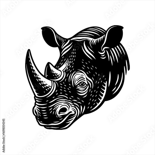 Stylized Black and White Rhinoceros Head Illustration 1.