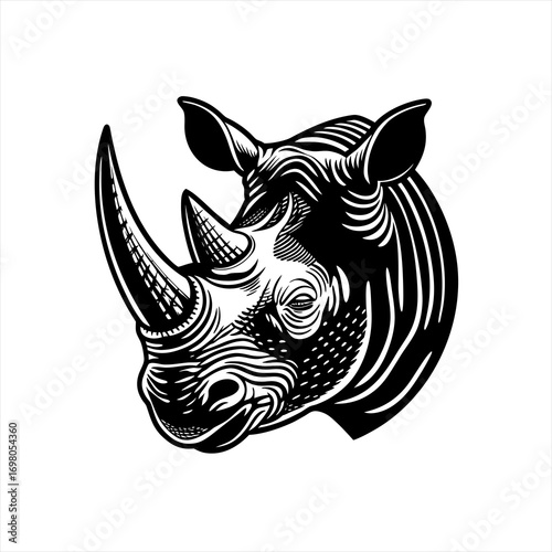 Stylized Black and White Rhinoceros Head Illustration.