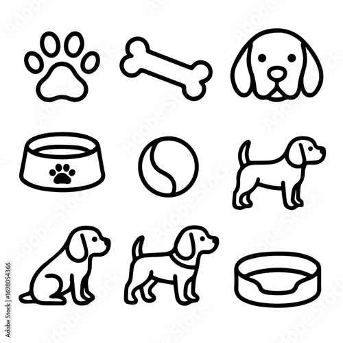 Simple Black Line Art Illustrations of Dogs Bones and Dog Accessories.