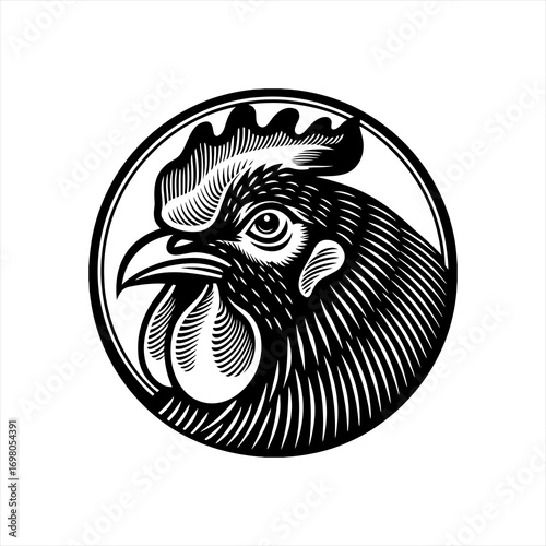 Stylized Black and White Rooster Head Emblem 2.