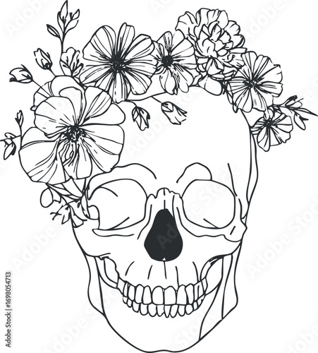 A minimalistic line art illustration of a skull adorned with various flowers and botanical elements. Black on transparent background.