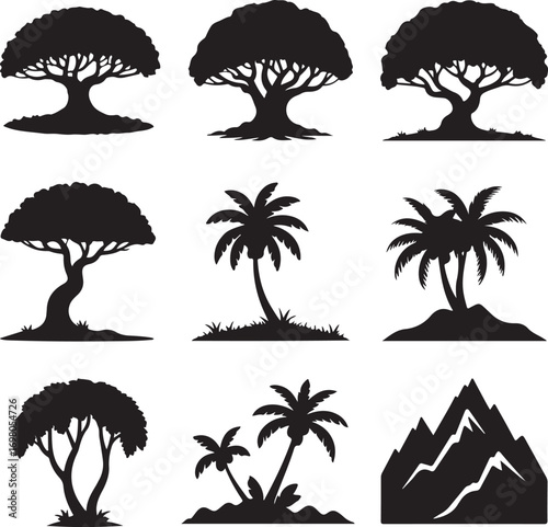 Collection of nine tree and mountain silhouettes in various styles nature plant