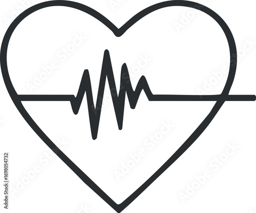 A simple line drawing of a heart with a heartbeat line inside it representing health and love. Black on transparent background.