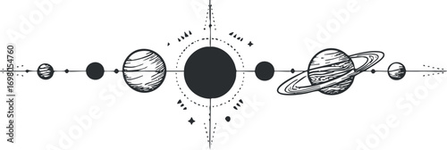 Stylized black and white illustration of planets in a solar system arrangement. Black on transparent background.