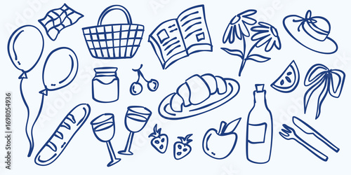 Set of picnic and party illustration. Whimsical hand drawn picnic illustration. Croissant, baguette, wine, flower, party illustration.