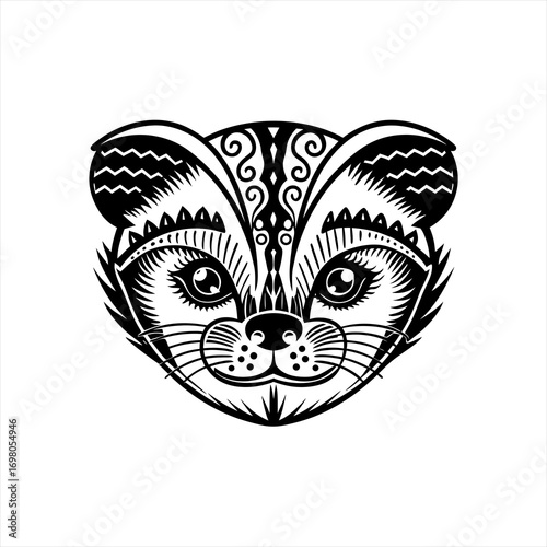 Stylized Black and White Wild Cat Face Illustration.