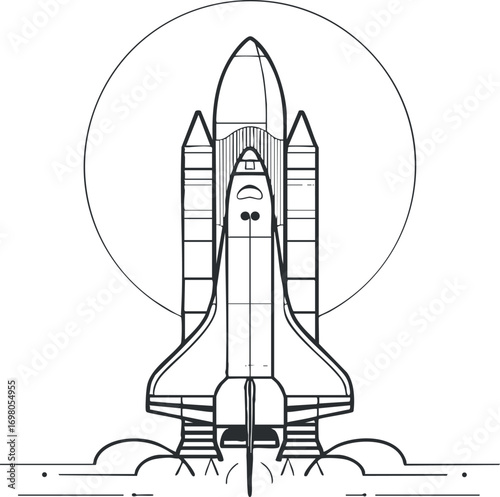 A minimalist line art illustration of a rocket launching into space with a circular background. Black on transparent background.