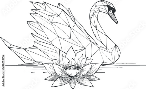 A geometric line art illustration of a swan and a lotus flower on water. Black on transparent background.