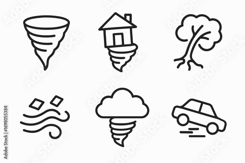 Tornado disaster icons: cyclone, house, tree, wind, cloud, car