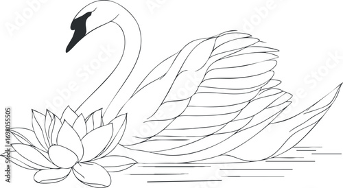 A graceful outline of a swan beside a blooming lotus flower in a serene water setting. Black on transparent background.