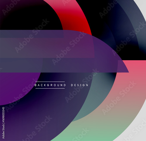 Abstract colorful layers overlap creating dynamic visual effect. Gradient shades blend smoothly, forming modern background design.