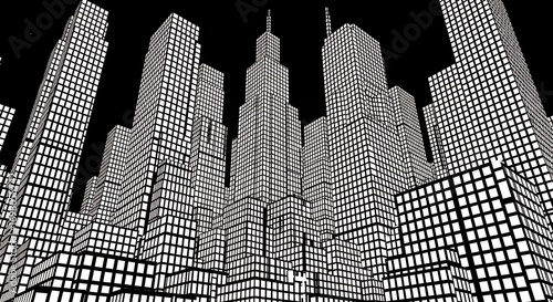【摩天楼の夜景】白黒で描かれたグラフィックな高層ビル群のイラスト