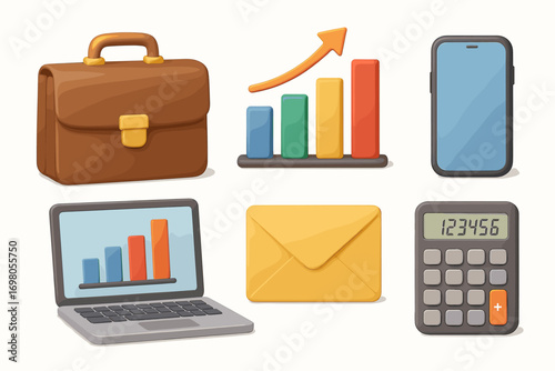 Business essentials: briefcase, chart, smartphone, laptop, envelope, calculator icons