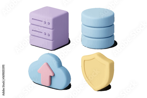 Modern technology icons for data storage, cloud computing, server infrastructure, and digital security concepts