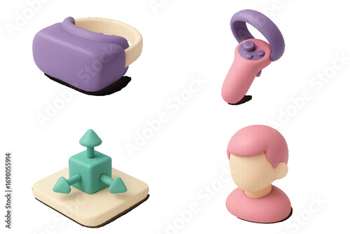 Contemporary virtual reality headset controller 3D axis and user avatar icons for immersive digital experiences