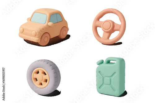 Stylized car, steering wheel, tire, and gas can with a clean, modern aesthetic and soft pastel colors