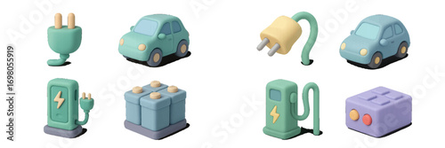 Electric vehicle charging stations, cars, and battery icons for sustainable energy and eco-friendly transportation