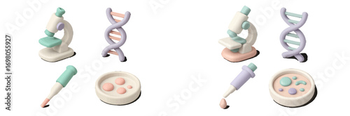 Scientific laboratory equipment set with microscope, DNA helix, pipette, and petri dish for medical research and biology