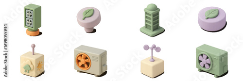Stylized climate control, weather, and environmental icons set with air conditioners, weather stations, and nature symbols