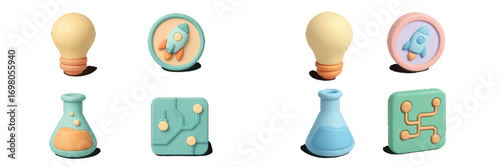 Vibrant symbols of science, innovation, and technology with light bulbs, rockets, laboratory flasks, and circuit boards