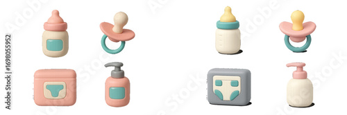 Collection of baby care essentials including bottles, pacifiers, and hygiene products in pastel colors