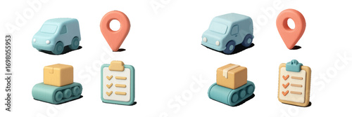 Cute pastel icons for delivery, logistics, shipping, and order tracking services, perfect for modern digital interfaces and e-commerce applications