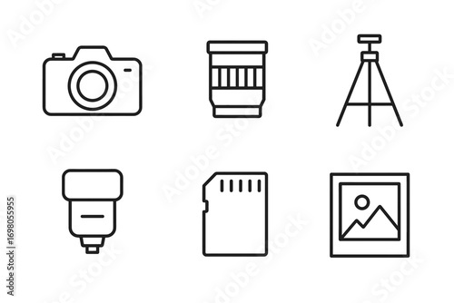 Essential camera and photography equipment icons: camera, lens, tripod, flash, memory card, photo frame